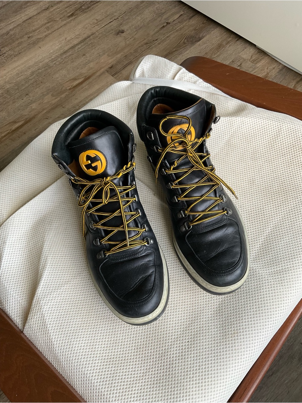 Gucci Black Leather High-Top Boots with Yellow Accents
